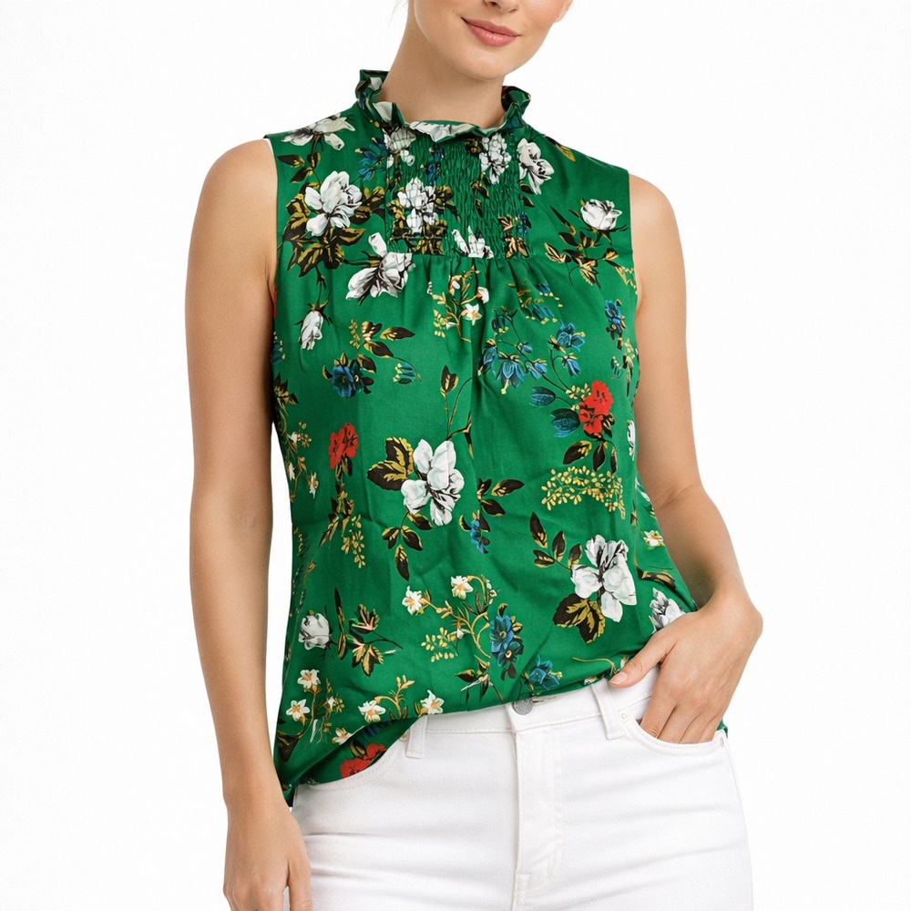 Erdem Ralph Women’s US 8 Green Floral Sleeveless Blouse Ruffle Neck Designer